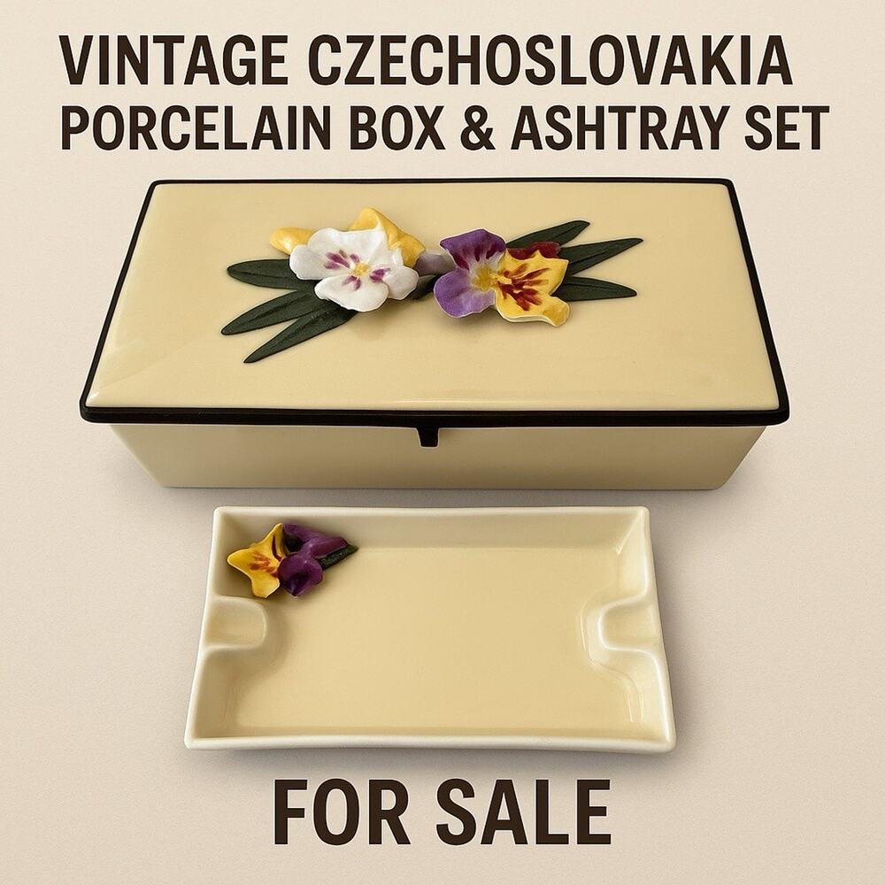 Vintage Czechoslovakia Porcelain Trinket Box & Ashtray Set – Floral Relief